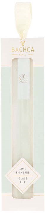 A white glass file with the brand name Bachca, lime scent, and a soft cloth handle, in pastel packaging.