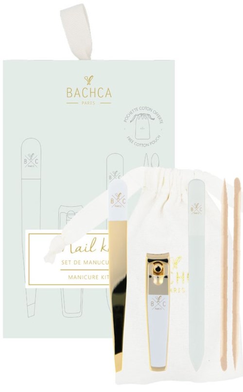 A manicure kit with tools, a white file, and packaging from Bachca Paris, light colors, simple design.