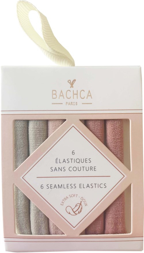 Box of 6 seamless elastic bands in pastel colors. Packaged in a pink and white box with a clear window.