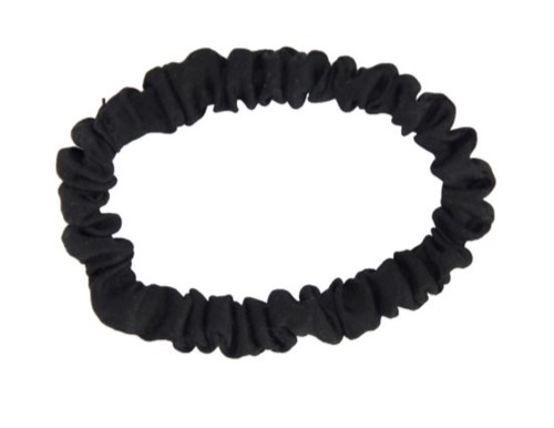 Black elastic hair band in a circular shape with ruffled texture.