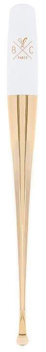 A wooden hairbrush with a white handle featuring a logo with crossed knitting needles and the letters B, C.