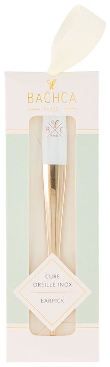 A gold ear piercing earpick inside a pastel-colored package with a white feather design.