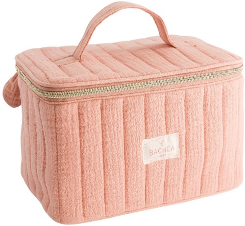 A soft pink bag with a handle, zipper, and a small white label on the front for storage or travel.