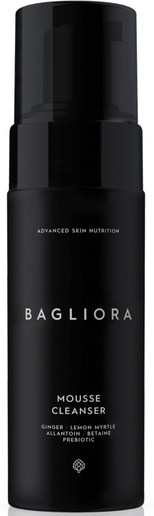 Czarna butelka z etykietą Bagliora Mousse Cleanser, zawiera imbir, lemonyrtle, allantoin, betain i prebiotyki.