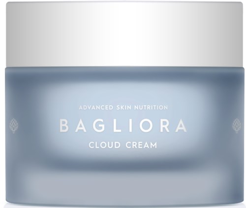 Bagliora cloud cream jar with a sleek silver and blue design, labeled for advanced skin nutrition.