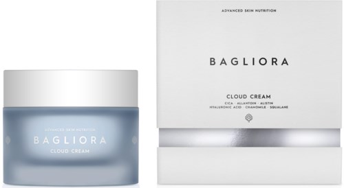 A jar and box of Bagliora Cloud Cream, a skincare product, with simple white and blue packaging.