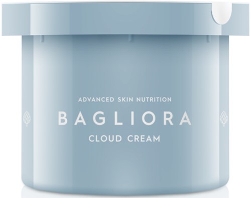 A light blue jar labeled Bagliora cloud cream for advanced skin nutrition.