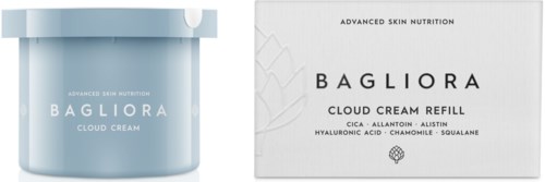 A jar of Bagliora cloud cream with a matching box showing skincare ingredients and brand name.