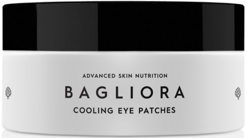 Biały kontener z czarnym wiekiem. Opisany jako 'Bagliora Cooling Eye Patches' do pielęgnacji skóry.