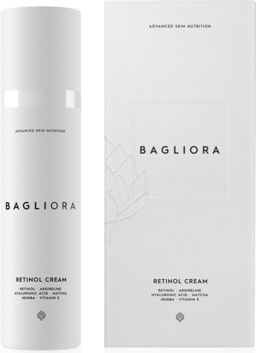 Biała butelka i opakowanie dla Bagliora Retinol Cream z czarnym tekstem i składnikami na butelce.