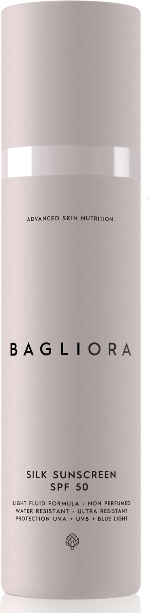 Biała cylindryczna butelka z czarnym i szarym tekstem, oznaczona 'Bagliora Silk Sunscreen SPF 50,' stojąca pionowo.