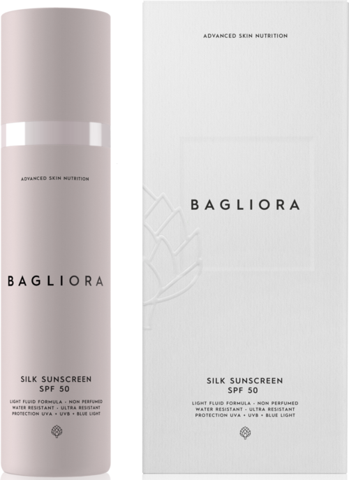 Biała butelka i pudełko oznaczone Bagliora Silk Sunscreen SPF 50, z prostym tekstem i minimalistycznym designem.
