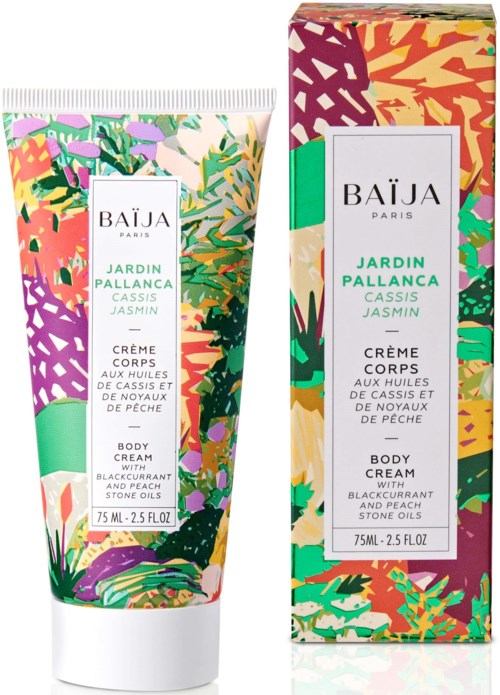Colorful floral design packaging for body cream with green, purple, yellow, and pink leaves and flowers.