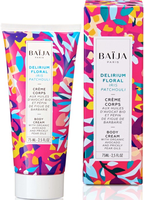 Colorful packaging with a floral design and white box, labeled as body cream with avocado and peony essence.