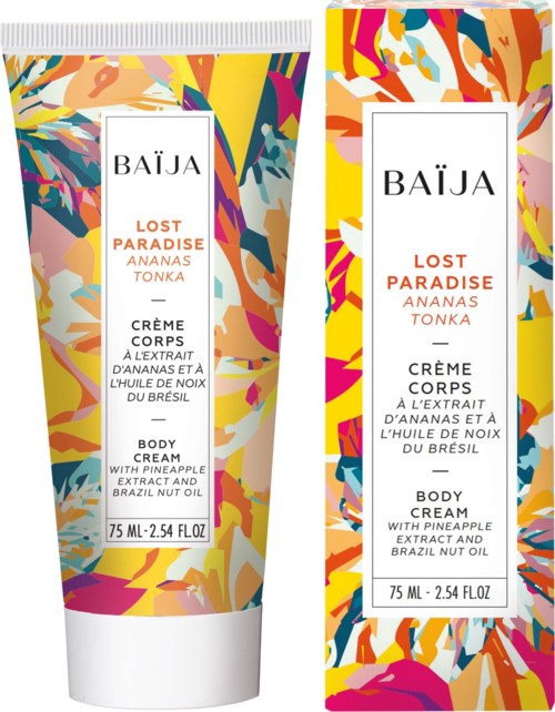 Colorful tube and box design for body cream with pineapple extract and Brazil nut oil.
