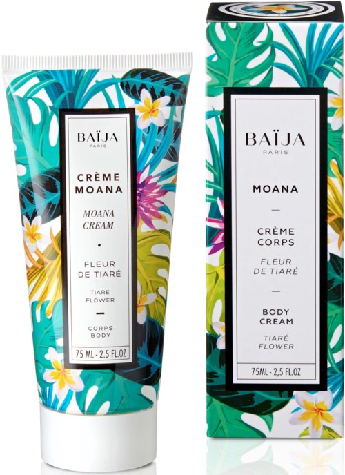 A floral-themed tube and box of body cream from Baïja Paris with colorful leaves and flowers design.
