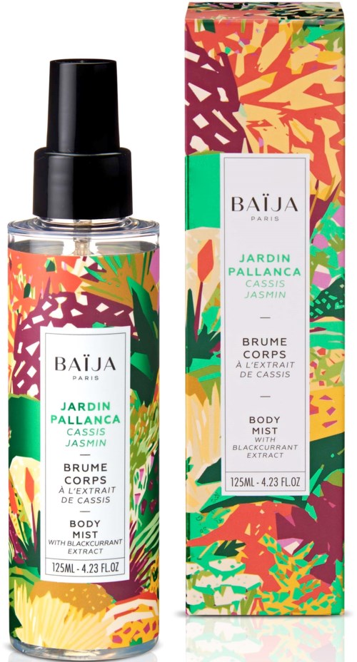 Colorful floral packaging for Baïja body mist with a spray bottle and box design.
