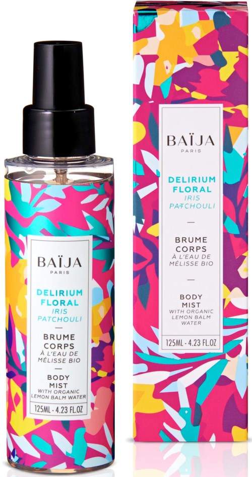Colorful floral design on the bottle and box, with product name and description in the center.