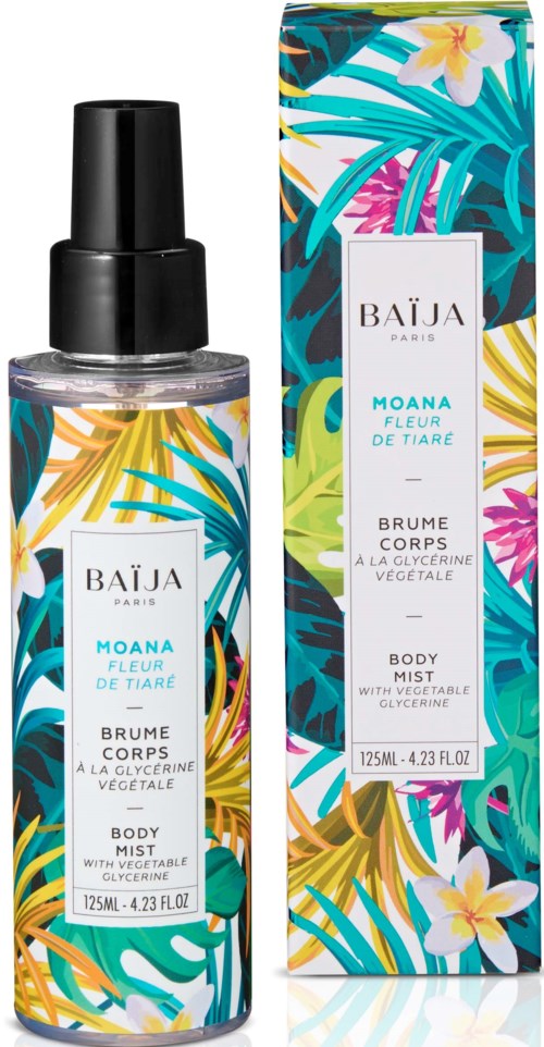 Colorful tropical floral pattern on the box and spray bottle, with white labels showing product details.