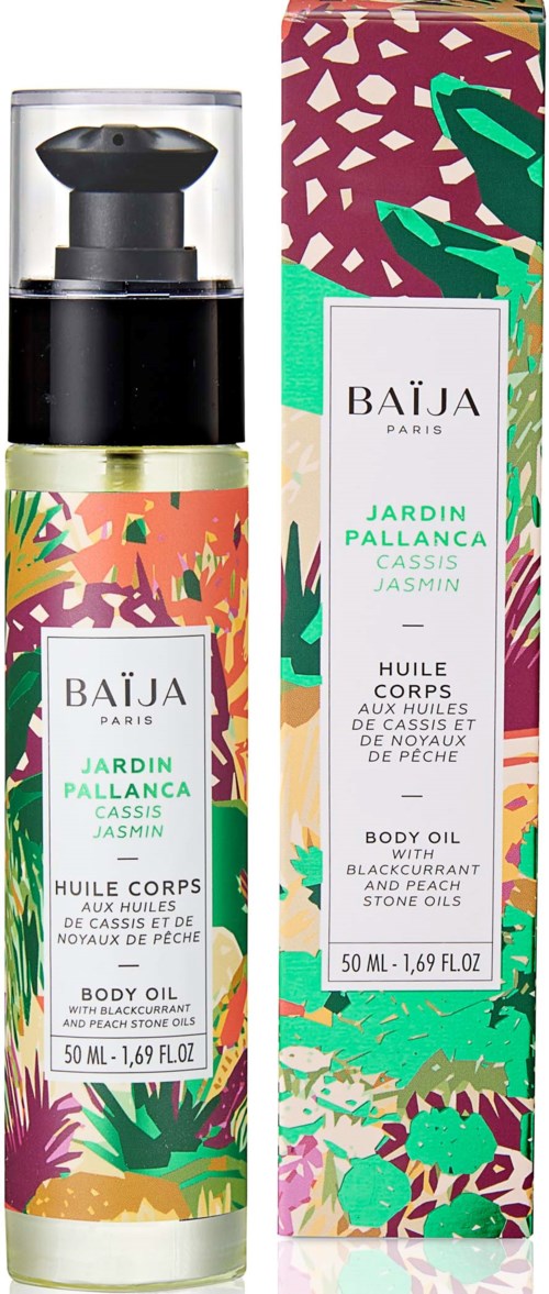 Colorful bottle and box for Baïja Paris jasmine body oil, 50 ml. Jungle design with leaves and flowers.