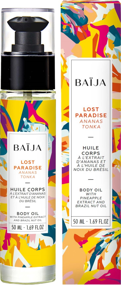 A colorful box and bottle of body oil with pineapple and Brazil nut extract, named Lost Paradise Ananas Tonka.