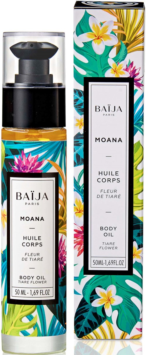 A body oil bottle with a colorful floral and leaf design, and its matching decorative packaging box.