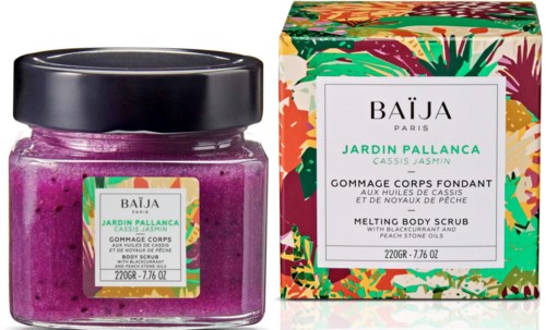 A purple body scrub in a glass jar and a colorful box with tropical plant illustrations. Both are from BAÏJA.