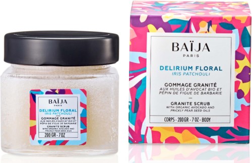 A jar of floral body scrub and colorful packaging box with similar label design. Both are from BÁJA Paris.