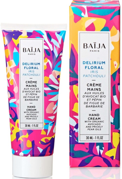 Colourful floral design on a hand cream tube and box. Text about organic avocado and pear oils. 30ml size.