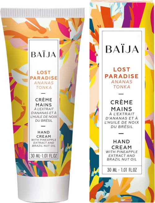 Colorful tube and box, both labeled 'BAÏJA' with palm tree, pineapple, and bright abstract designs.