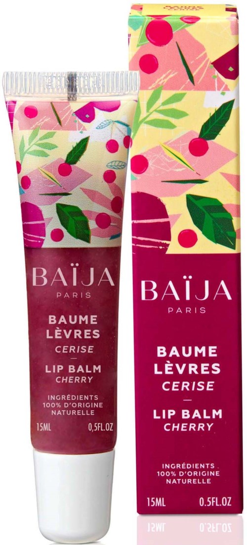 A cherry-flavored lip balm in a small tube with pink and green fruit design, and a matching box.