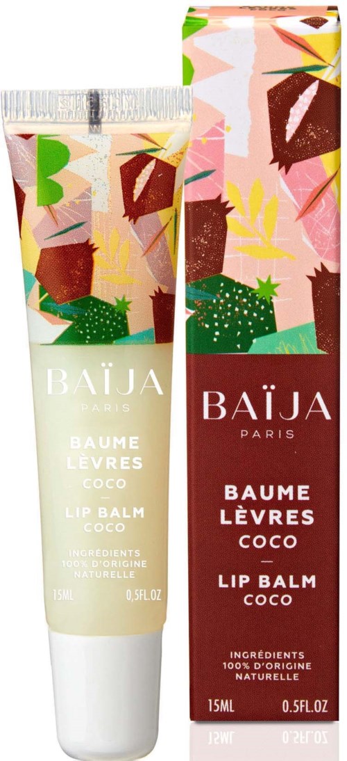 A lip balm tube and box with colorful, abstract patterns and green cactus illustrations.