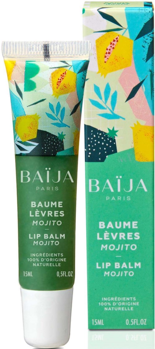 Lip balm with a colorful, tropical fruit design, labeled as mojito flavor, from Baïja Paris, 15ml.
