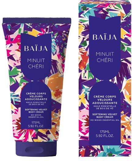 Illustrasjon av en Baïja Minuit Chéri mykgjørende velvet body cream rør og eske med fargerike abstrakte mønstre.