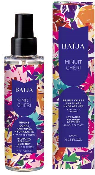 Fargerik blomsterantrekkes eske og sprayflaske med fuktighetsgivende kroppsspray med ginseng, 125 ml.