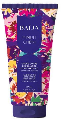 Et fargerikt floral- og geometrisk mønster på en tube med Baïja Minuit Chéri opplysende kroppskrem.
