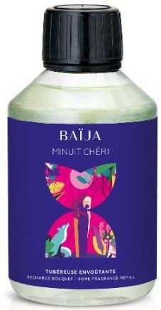 Baja Minuit Chéri duftpåfyllingsflaske med sommerfuglillustrasjon på lilla etikett.