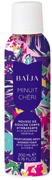 Lilla og fargerike dusjskumflaske med hvit topp, etiketten sier BAIJA MINUT CHÉRI og fuktighetsgivende kroppsvask. 200 ml.