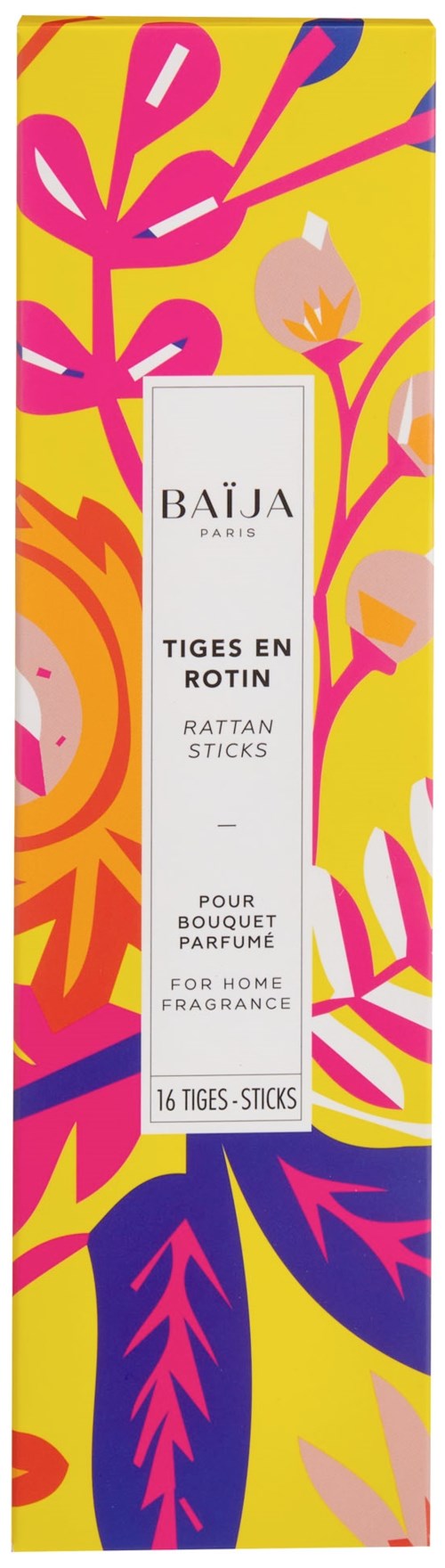 Fargerik emballasje av Baija Tiges en Rotin duft med rosa, gul, orange og blå blomster og bladmønster.