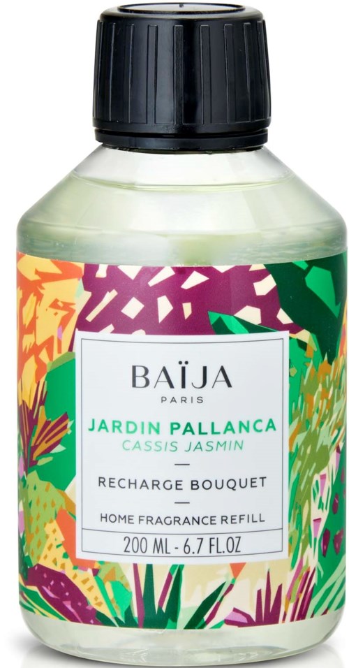 A home fragrance refill bottle with colorful leaves and plant designs, labeled 'Jardin Pallanca' with jasmine scent, 200 ml.