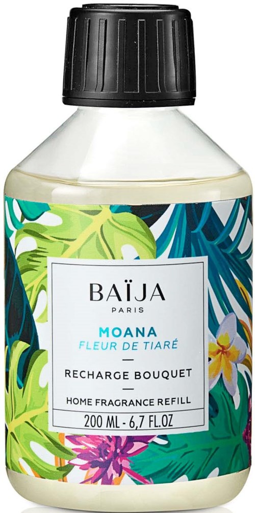 En liten flaske med tropiske blader og blomsterdesign, merket som hjemduftpåfylling, 200 ml.