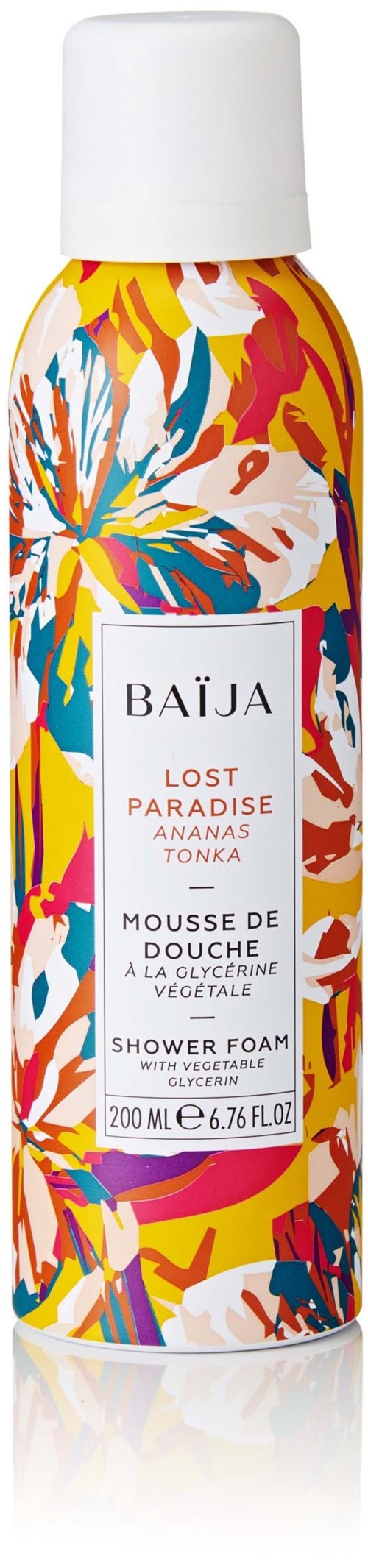 En fargerik sprayflaske med tropiske blomsterdesign, merket Baïja, duft av ananas og tonka, 200 ml.