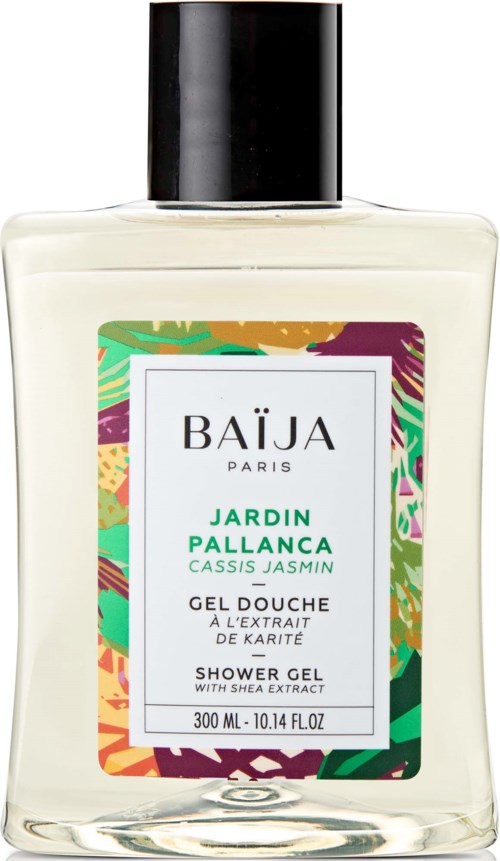 A clear bottle with a black cap, featuring a colorful label for Jardin Pallanca shower gel with shea extract.