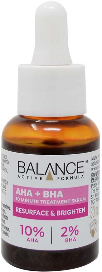 Kleine bernsteinfarbene Glasflasche mit weißem Tropfer, Markierung Balance AHA + BHA Serum für Hautbehandlung.