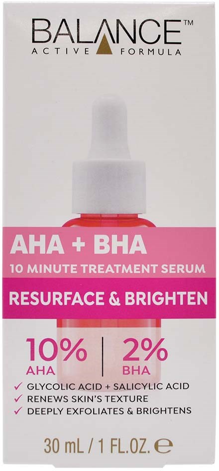 Eine Verpackung für Hautpflege-serum mit Text zu AHA und BHA, die Haut glättet und aufhellt, enthält 10% AHA und 2% BHA.