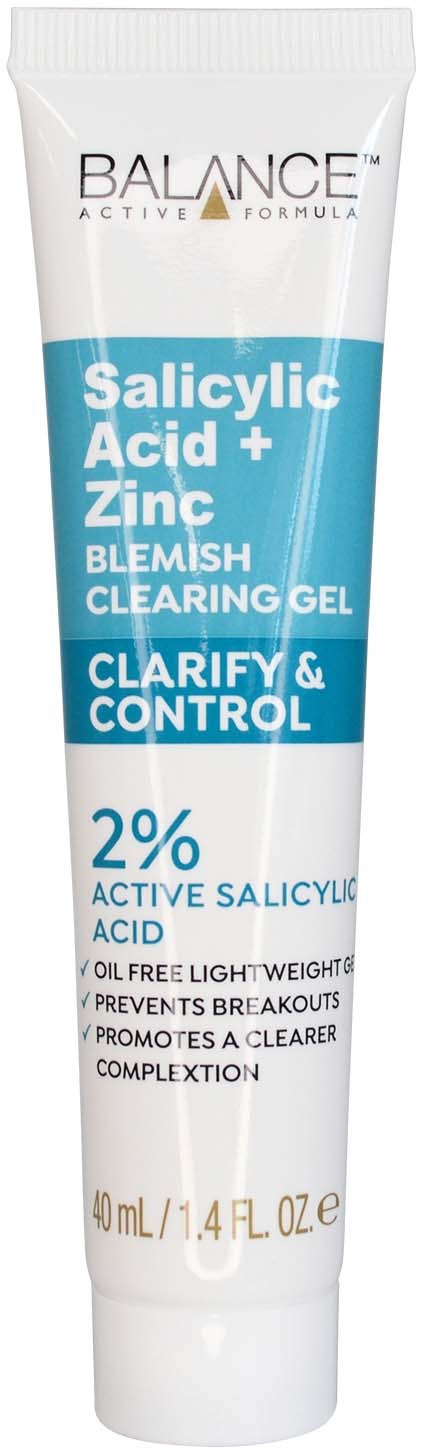 Eine Tube Gel für die Haut, gekennzeichnet mit Inhaltsstoffen und Vorteilen, darunter 2% Salicylsäure und Zink gegen Pickel.