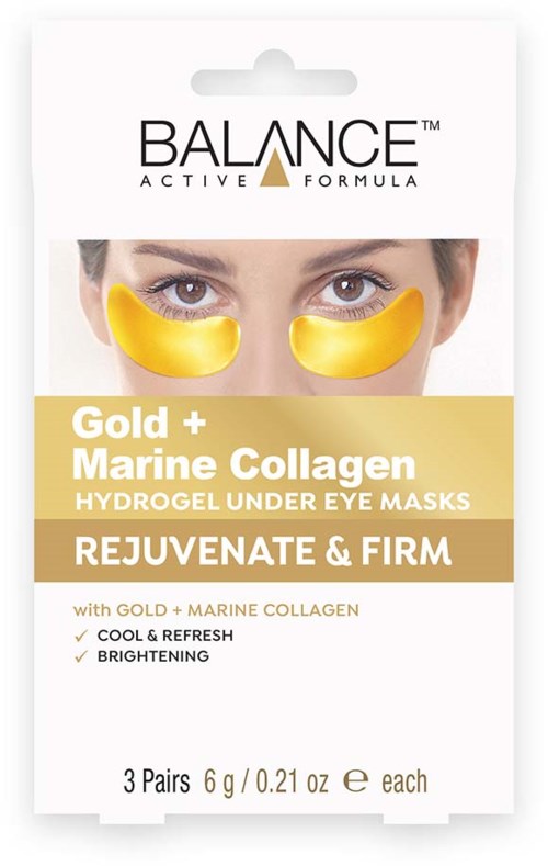Verpackung von Augenmasken mit einer Frau, die gelbe Gel unter den Augen hat, und Produktdetails.
