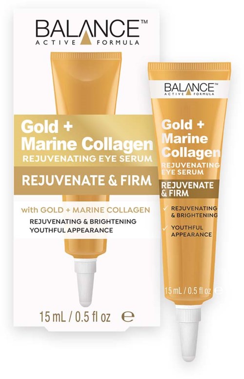 Eine Box und Tube mit Balance Gold + Marine Collagen Augenserum, das einen strahlenden und festen Look fördert.
