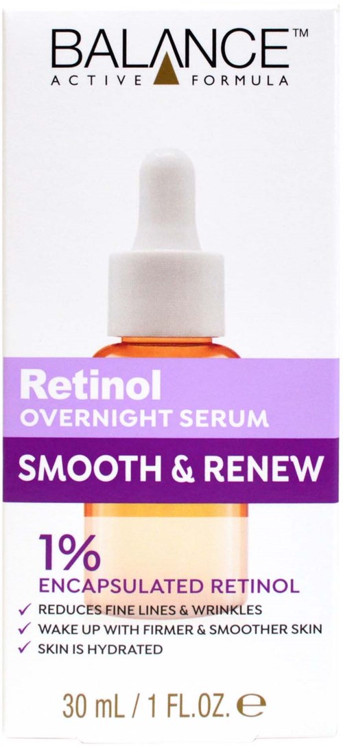 Eine Packung Hautpflege-Serum mit Pipette, gekennzeichnet als Retinol Übernachtserum, verspricht Falten zu reduzieren und Haut zu hydratisieren.