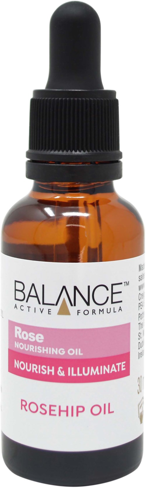 Kleine braune Flasche mit Pipette, beschriftet 'Balance Rosehip Oil' für Hautpflege und Glanz.
